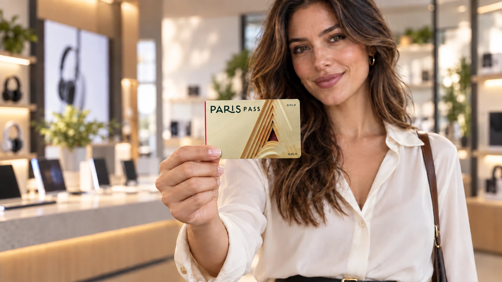 Cliente mostrando seu Paris Pass Gold na loja.